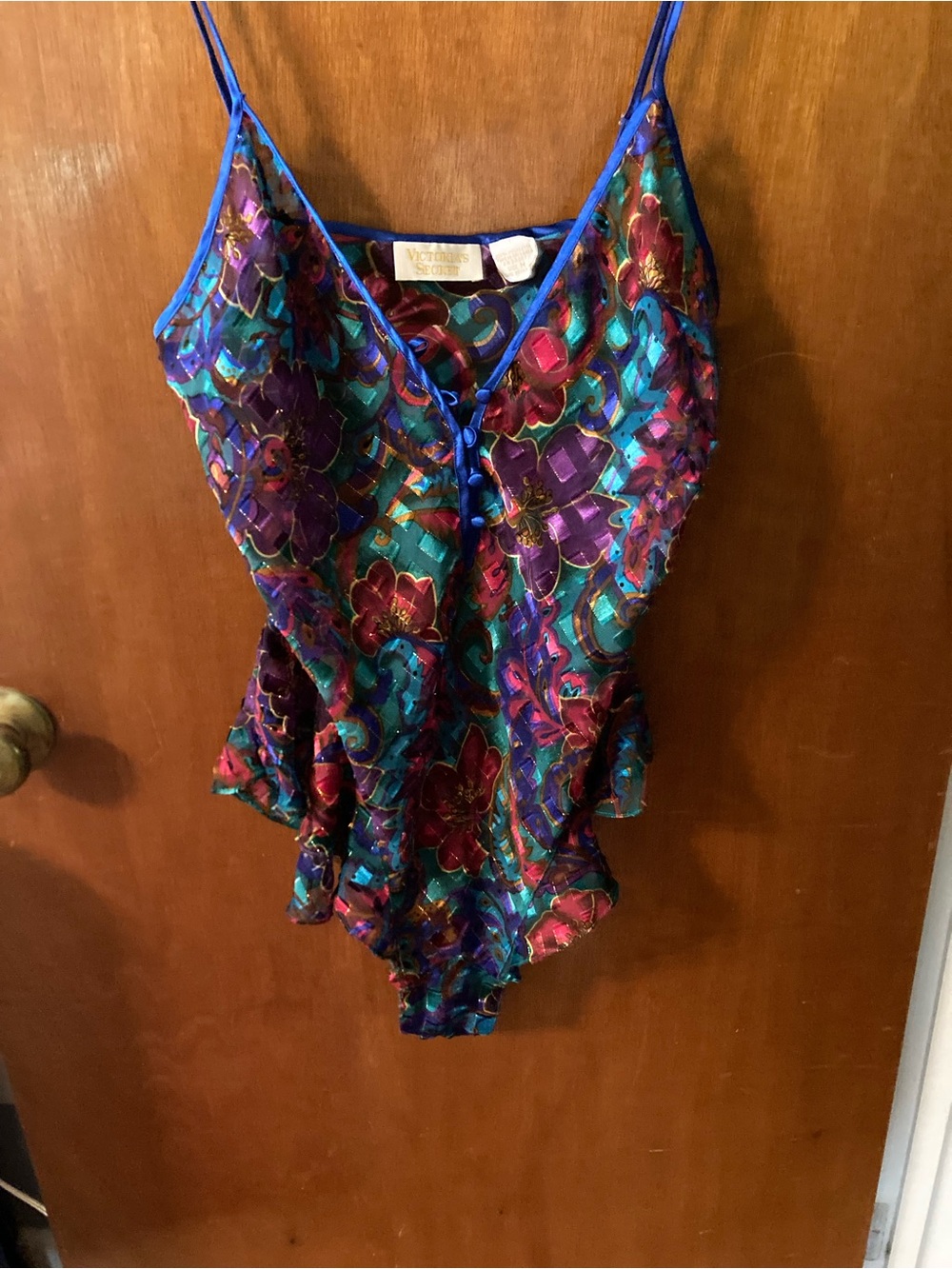 Victoria's Secret Teal & Purple Floral Satin Cami with Blue Trim